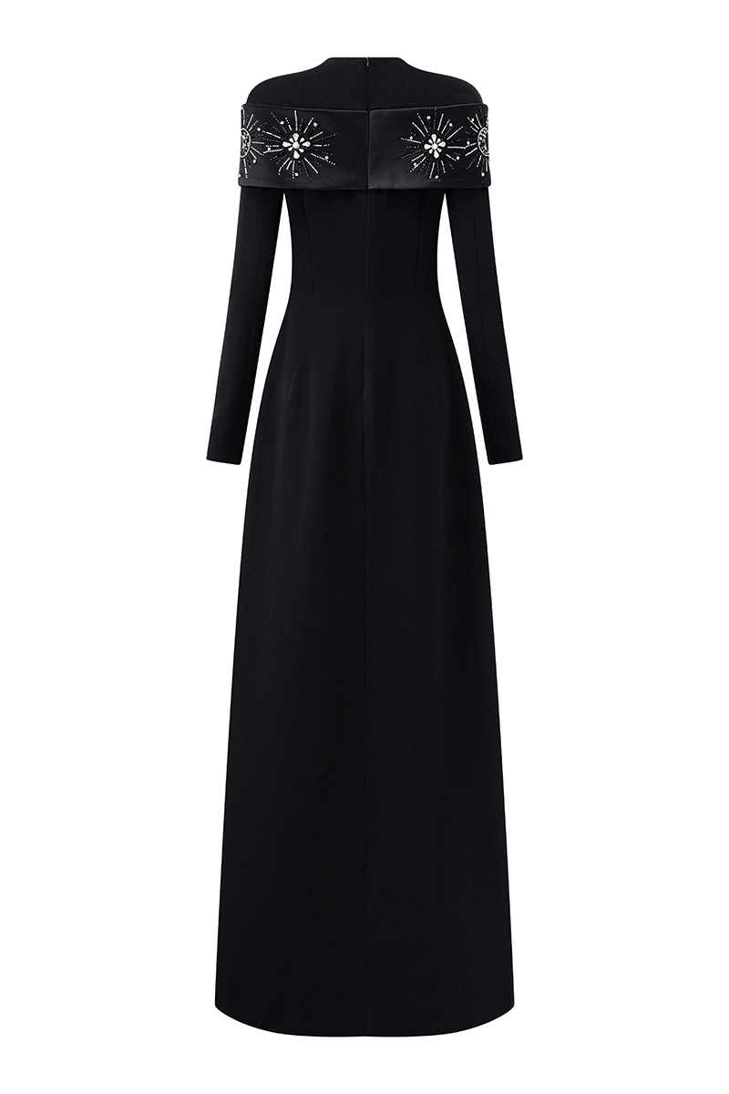 Round Neck Shoulder Crystal Embellished Dress